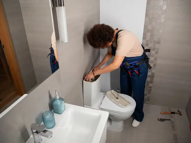 Plumber repairing the tank of a running toilet